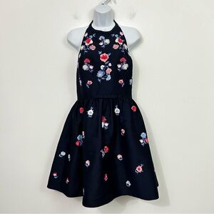 Kate Spade New York Size 8 Pom Embroidered Halter Mini Dress Navy Blue